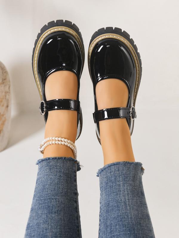 Women's Shiny Heart Buckle Loafers with Thick Sole, Stylish Casual Round Toe Shoes for All Seasons, British Style Elegant Flats, Mary Janes
