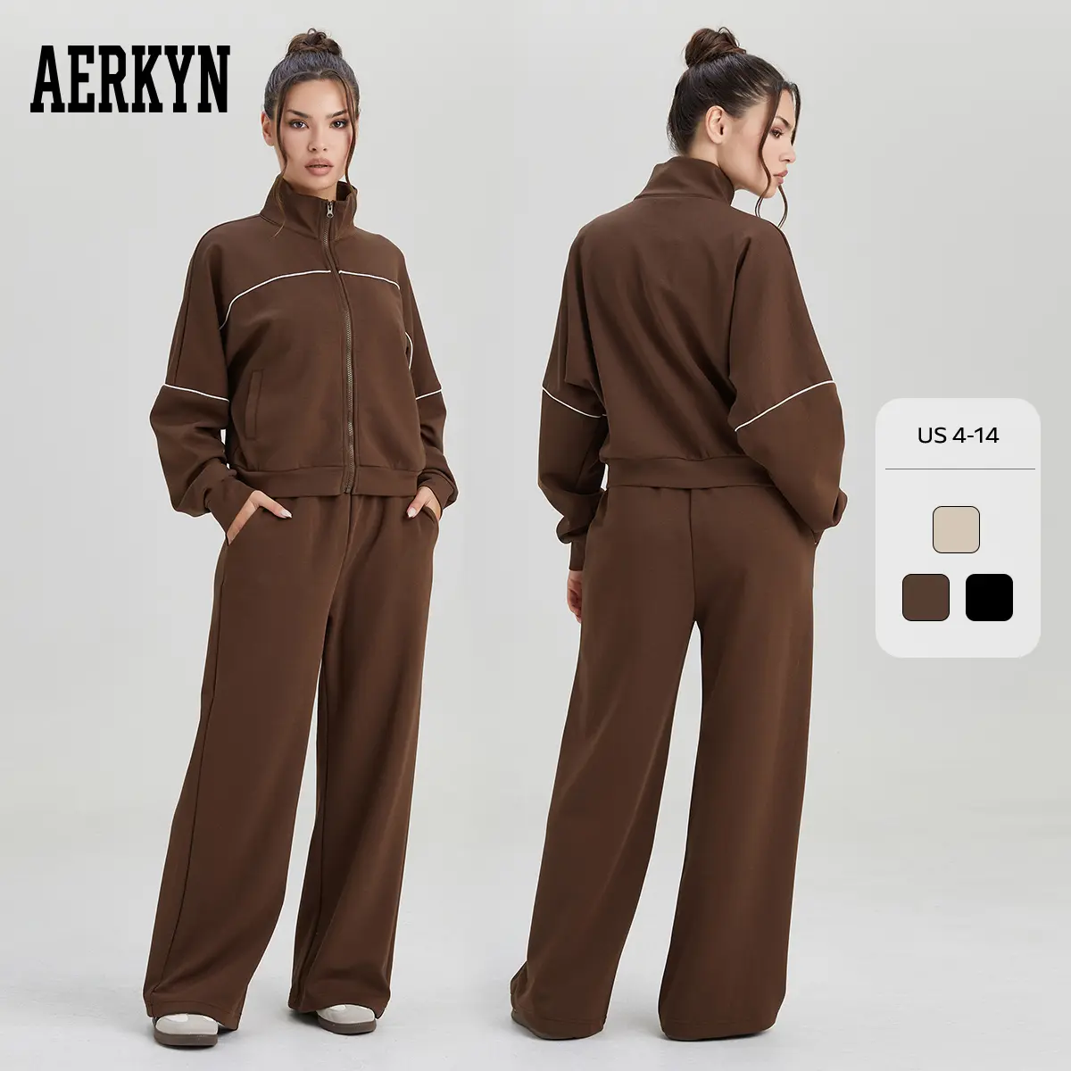 Women's 2-Piece Solid Color Sportswear Set - Mock Neck Contrast Binding Long Sleeve Sweatshirt & Wide Leg Trousers, Sporty Comfy Breathable Soft Loose Sports Suit Tracksuits, Zipper Going-Out Sweatsuit Sets