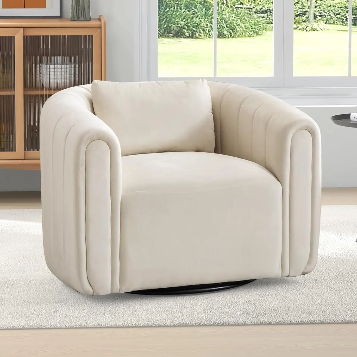EBELLO Velvet Swivel Bucket Chair with Plump Pillow | Modern Round Armchair for Kindergarten Living Room Bedroom Holiday Lounging | Christmas Gift Solid Wood Frame Sturdy Metal Base
