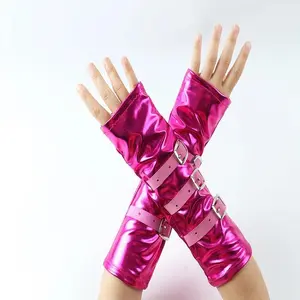 Mid-length fingerless patent leather gloves for women with metal buckles, dark punk Halloween arm sleeves, trendygirl cosplay