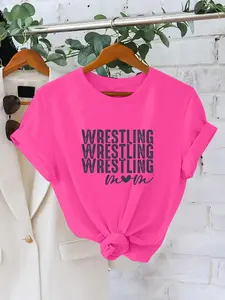 Women's Wrestling Mom Letter Print Round Neck Tee, Casual Short Sleeve Crew Neck T-Shirt for Summer, Fashion Women's Top for Daily Wear