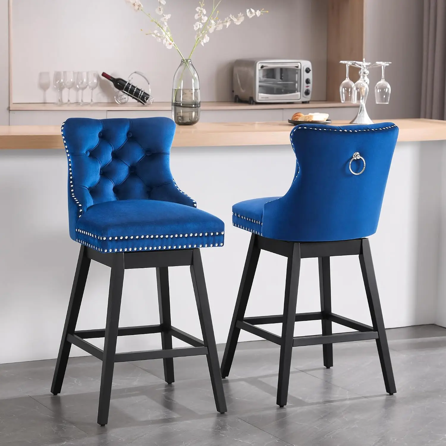 Velvet Swivel Bar Stools (Set of 2) - Durable Modern Counter Height Upholstered Dining Chairs for Kitchens, Wine Red, Button Tufted Back, Rivet Trim, Solid Wood Legs, 15.7"d x17.5"w x26"h, 21.5"x17.5"x38.4"h, 300 lbs Capacity, Elegant Details, Swivel Chai
