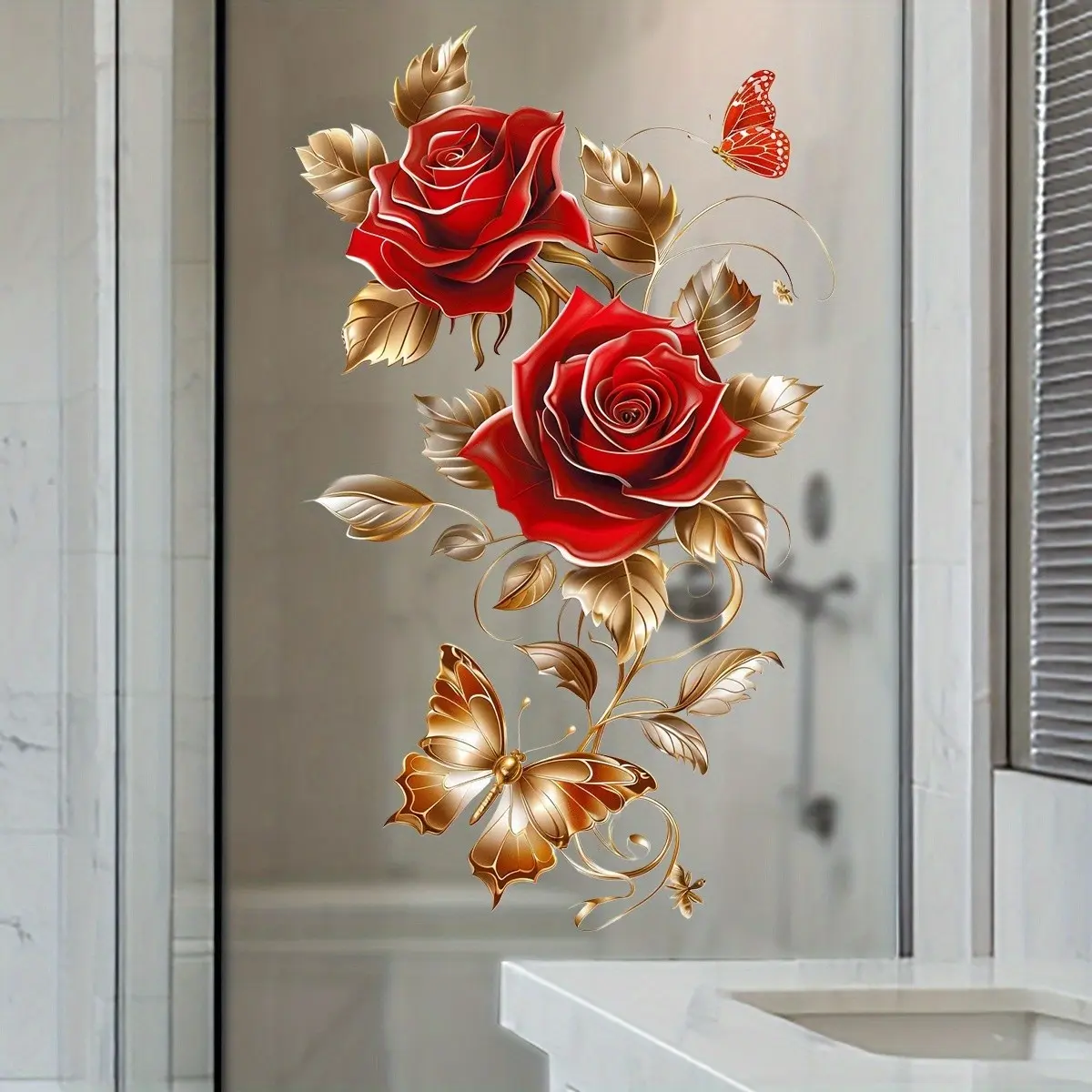 Rose and Gold Butterfly Glass Sticker, Glass Decal Sticker, Floral Pattern Sticker, Bathroom Shower Door Window Decor, Aesthetic Artistic Glass Decoration, Sticker Decorations, 1pc