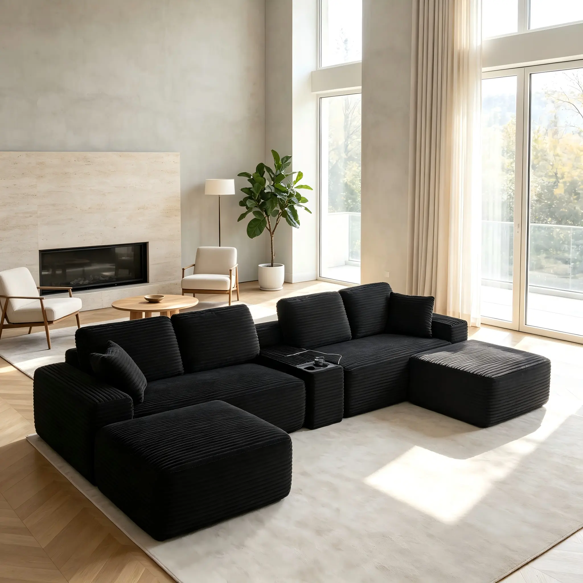 150" Modern U-Shape Corduroy Upholstered Cloud Sectional Sofa Set - Deep Seat, Cup Holders, USB Ports, Vacuum Cushions, Storage Box, Oversized Indoor Living Room Furniture