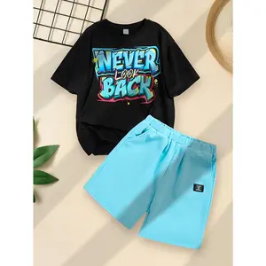 Boys' Summer Fashion Trend: English Letter Print Short Sleeve Solid Color Top + Elastic Waistband Pocket Solid Color Shorts, Medium and Large Sizes, Casual Two-Piece Set for Teenagers