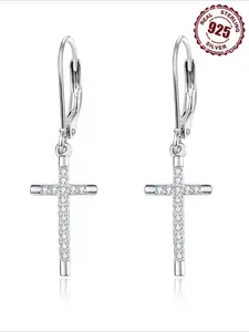 925 Sterling Silver Cross Drop Earrings, with Cubic Zirconia, Synthetic Zirconia Inlay, 925 Silver Ear Needle, Hypoallergenic, for Women, Ideal for Daily Wear & Gift-Giving, Perfect for Easter, All-Season Versatile Jewelry, Cross Dangle Earring