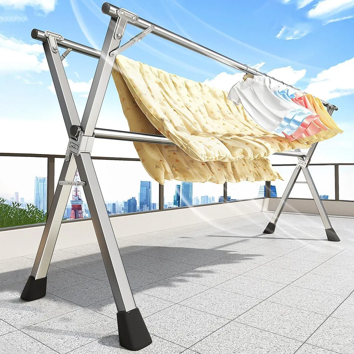 Joybos Folding Clothes Drying Rack - Heavy-Duty Stainless Steel, Rotatable, Portable Expanding Drying Rack with Windproof Hooks, Sock & Clothes Hanging Accessories for Balcony Easy Storage