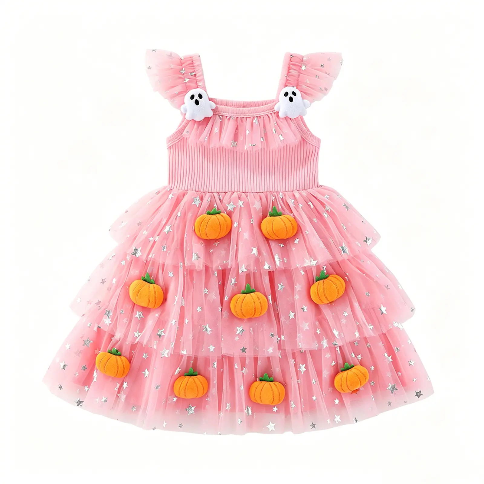 Toddler Baby Girl Halloween Outfit Flying Sleeve Square Neck 3D Stuffed Pumpkin/Ghost Decor A Line Tiered Tulle Dress