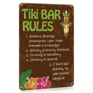 12X8 Vintage Retro Tin Tiki Bar Rules Metal Sign For Backyard, Patio, Beach House & Pool Parties - Perfect Housewarming Gift