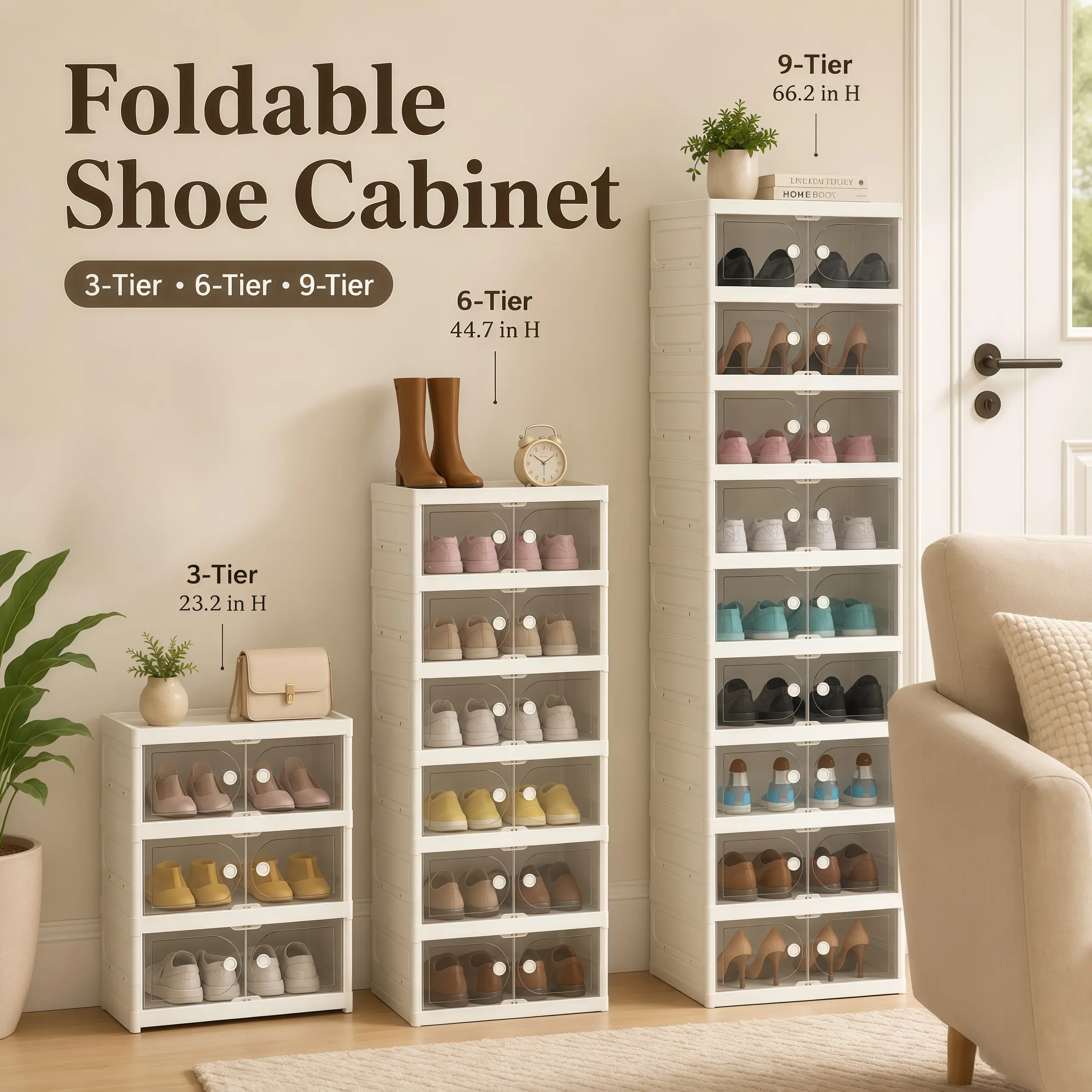 1 Pack Foldable Shoe Storage Cabinet with Clear Double Doors, No-Assembly Stackable Modular Organizer, 3/6/9 Tier with Raised Edge Top Tray, Dustproof Vertical Rack for Entryway, Hallway, Closet & Small Apartment