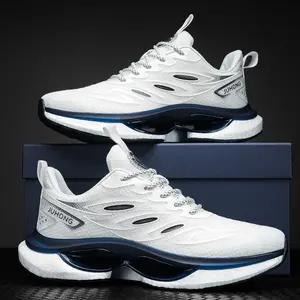 FAYWELLME Men'S Lightweight Breathable Mesh Running Shoes - White & Blue Striped Design, Durable TPU Sole, Comfortable Fabric Lining, All-Season Casual & Athletic Footwear for Men, Running Shoes, Modern Sneakers, Secure Fit Design