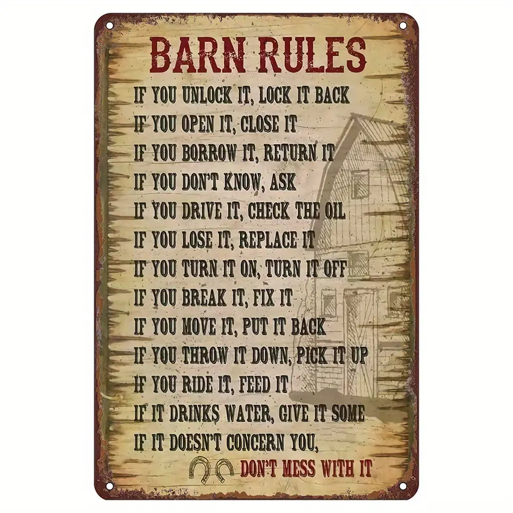 Rustic "Barn Rules" Metal Sign - Humorous Farmhouse Decor, Ideal Gift for Farmers & Horse Lovers, Vintage-Style Wall Art for Home, Bar, Cafe, Garage, Gym, Farmhouse House Decor