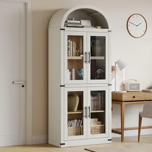 Arched Bookshelf with Glass Doors 71 Point Four Inches Tall Rustic Premium Wood Display Cabinet Glass Door White