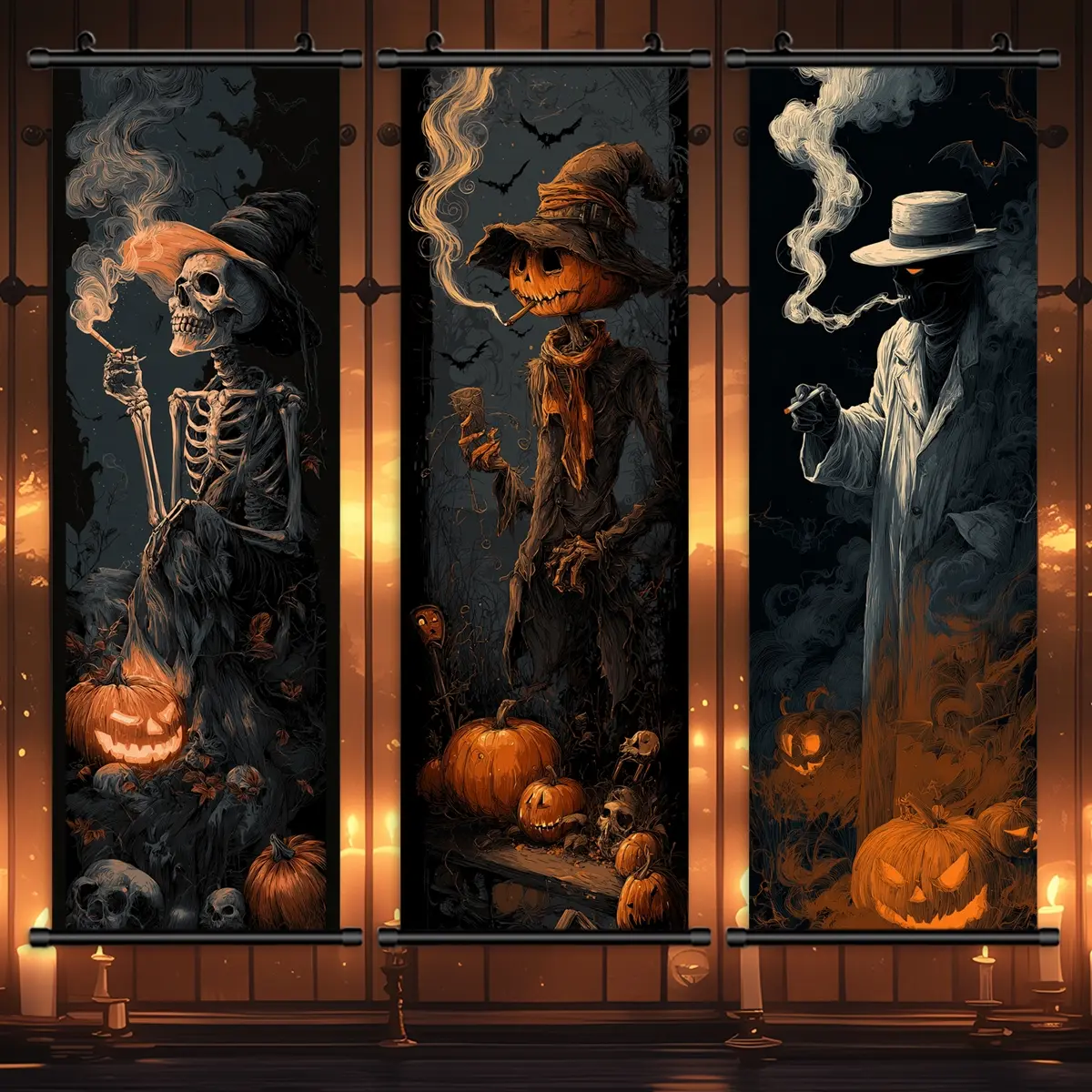 1-3 Counts Halloween Hanging Banner, Dark Style Horror Smoking Pumpkin Head, Smoking Skull Ghost, Interesting Halloween Decorative, Horrible Theme, Ideal Gift, Living Room Poster, Exquisite Home Decor, Party Wall Decor, High Definition, Print, Artwork