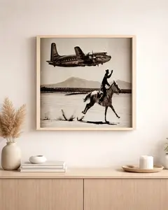 Vintage Aviation Cowboy Poster, Western Horse Rider & Airplane Wall Art Print, Retro Military Aviation Decor for Living Room Office