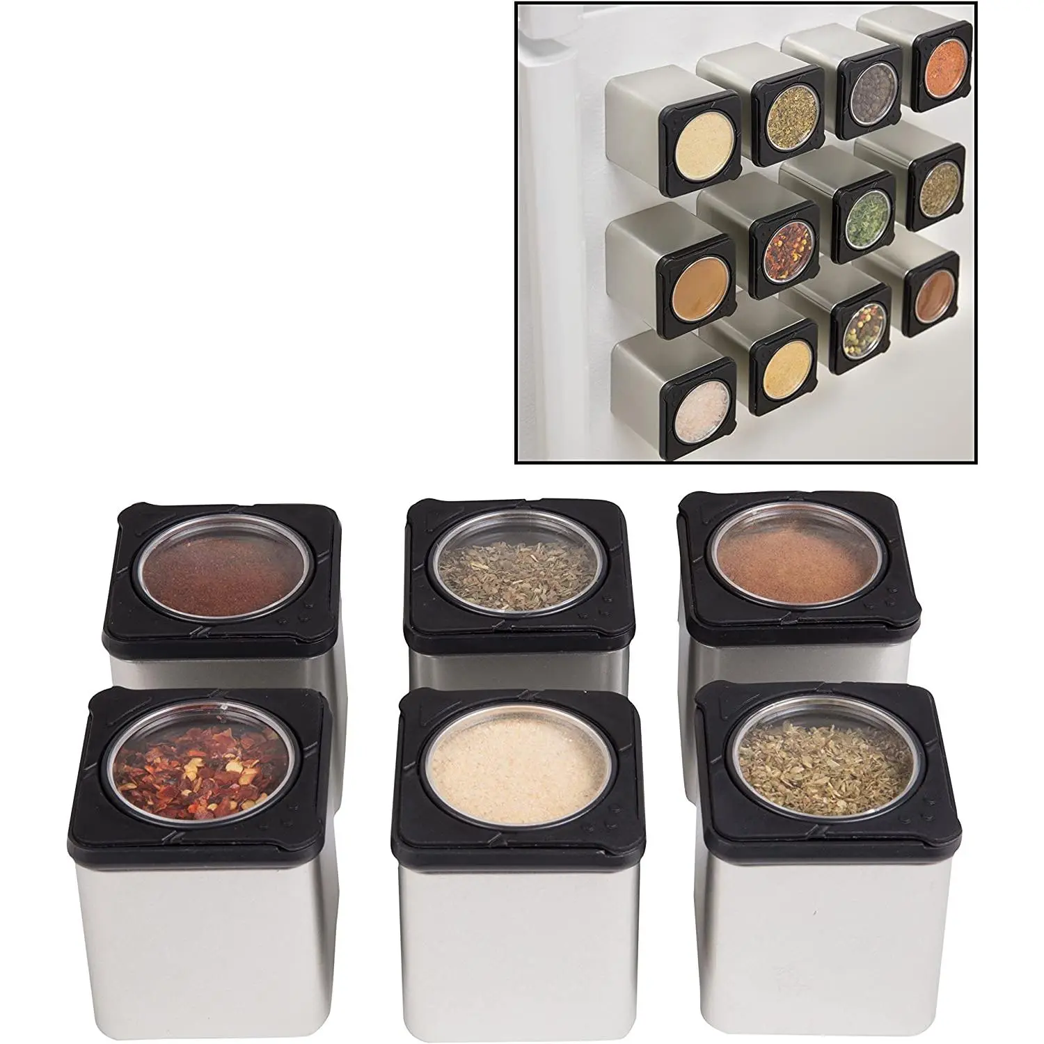Magnetic Spice Jars (Set of 6 Dispensers) - Dual Shake and Pour Container Openings - Modern Sleek Design  Tins Attach to Most Refrigerator Doors