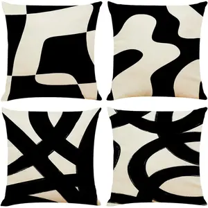 4 Pieces of Black and White Linen Pillowcase (excluding Pillow Core), 18x18 Inches, with Zipper Closure, Bohemian Pillowcase, Suitable for Living Room, Bedroom, Sofa Use