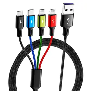 4 in 1 Nylon Braided Fast Charging Cable 4ft. Multifunctional Charging USB Cable Adapter with Lightning/Type C/Micro USB Ports for iPhone iPod Samsung LG Phone Tablet and More