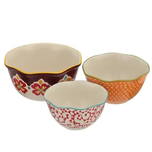 Flea Market 3-Piece Scalloped Edge Serving Bowl Set for Home and Party Use Ceramic Colorful