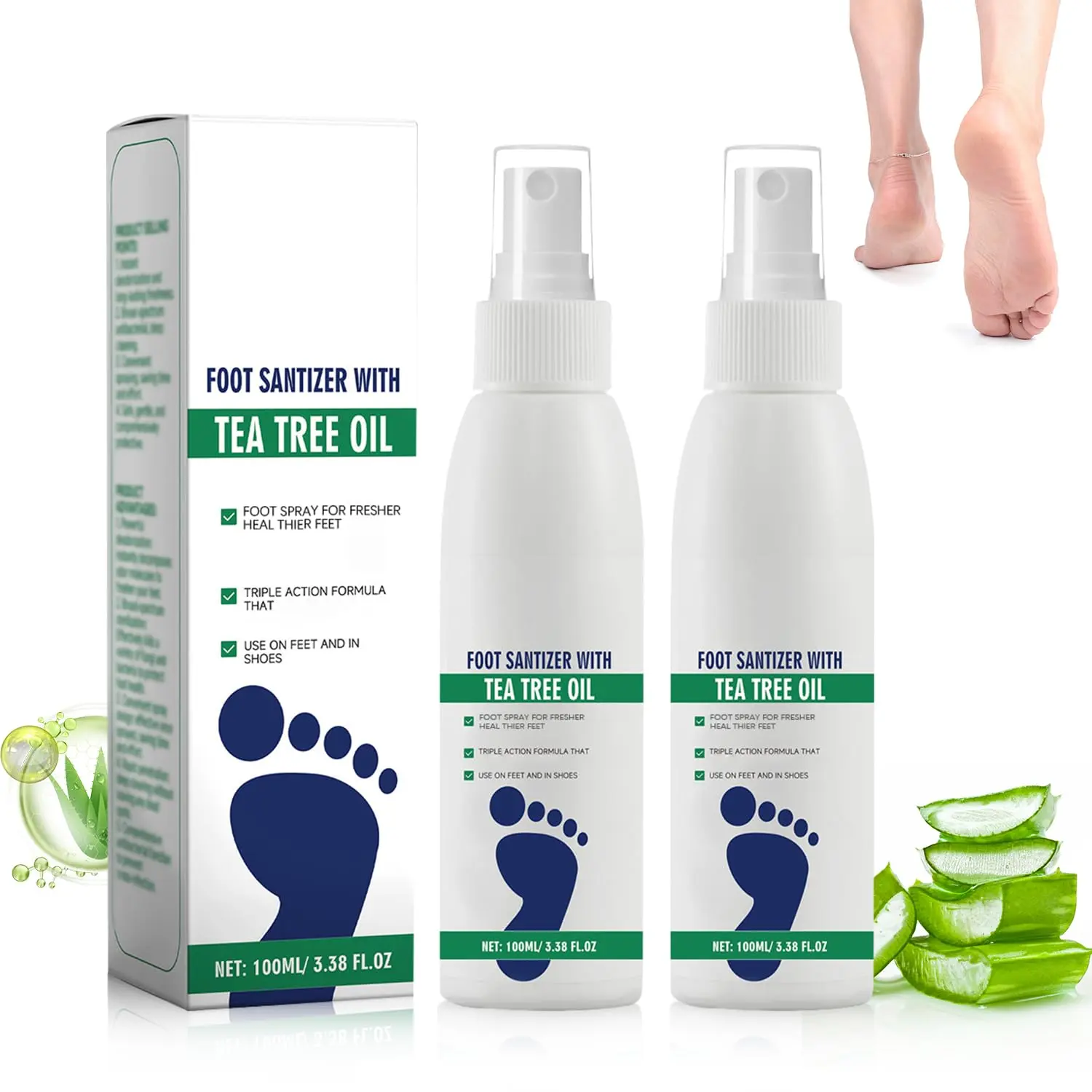 Foot Sanitizer Spray with Tea Tree Oil, 4-Ounce Bottle, Contains Natural Tea Tree Oil and Aloe Vera, Long-Lasting Disinfectant and Antibacterial Spray for Athlete's Foot, Fungal Infection, Burning, Itching, Dandruff