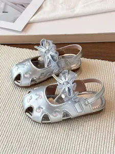 Cherry Embroidered Mesh Bow Girl Sandals, Sweet Fairy Style, PU Leather, Rubber Sole, Casual, Perfect for School, Play, Parties