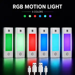V4light RGB Motion Sensor Night Light, 6-Color Rechargeable Stair Lights, Magnetic Stick-On LED Bookshelf Light with Auto-Off, Touch Control, for Hallway, Stairs, Display Cabinet (3-Pack)