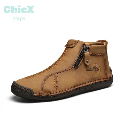 ChicX Steps Men's Minimalist Solid Color Hand-Stitched Leather Ankle High Closed Slip-Ons - Waterproof, Slip-Resistant, Cushioned Soles, Soft, Lightweight, Outdoor Motorcycle Tactical Work Shoes