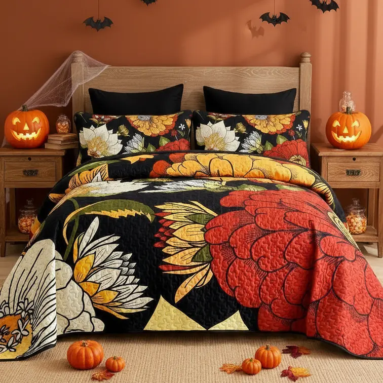 Halloween Themed Bedding Set, Cozy Flower Quilt Sets, Decorative Cover Bedspreads & Coverlets (2/3Pcs), Soft Breathable Machine-Washable All-Season Lightweight Bedding, Dorm Essential, Includes 1/2 Pillowcases, Sohochic