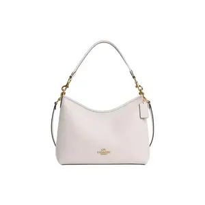 COACH Laurel 31 Logo Zippered Pebbled Leather Large Tote Shoulder Bag for Women in Gold and Chalk