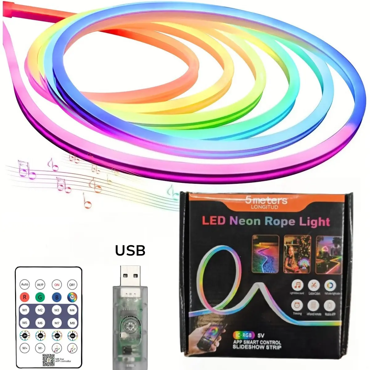USB RGB LED Strip Lights with APP Control, Music Sync Neon Rope Light, Waterproof Flexible LED Lights for TV Backlight, Bedroom, Gaming Setup, Christmas & Party Decor