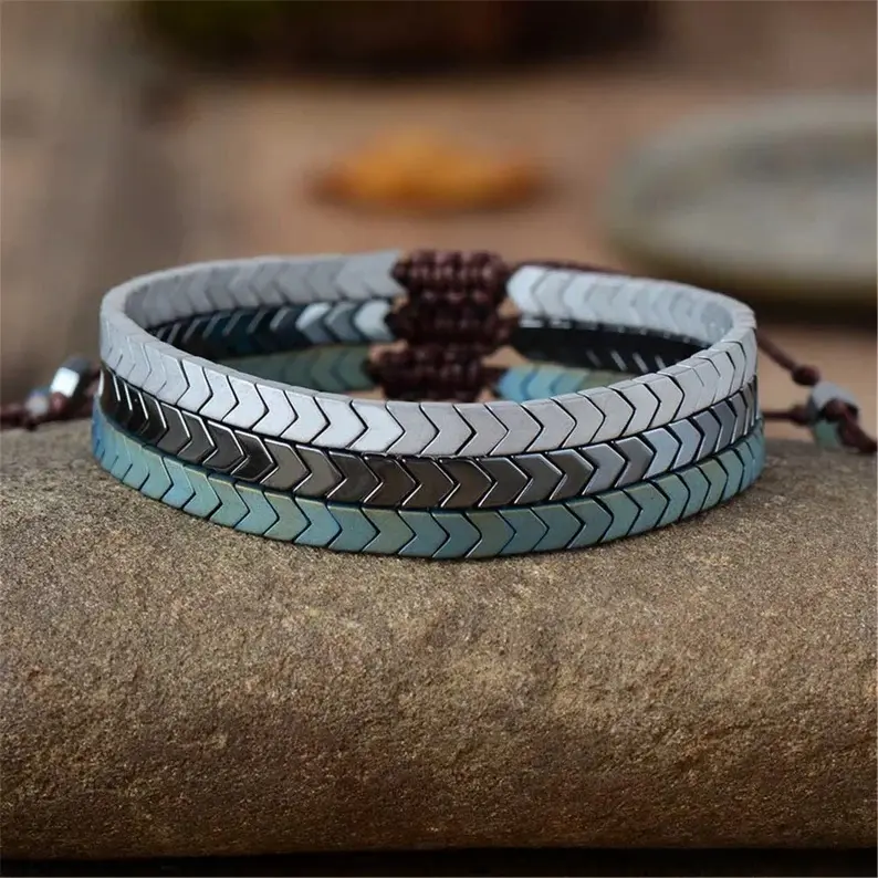 Natural Hematite Stone Arrowhead Braided Unisex Jewelry - Lightweight Comfortable Natural Crystal Bracelets & Anklets for Women, Adults, 6.5-8" Fit for Daily Wear
