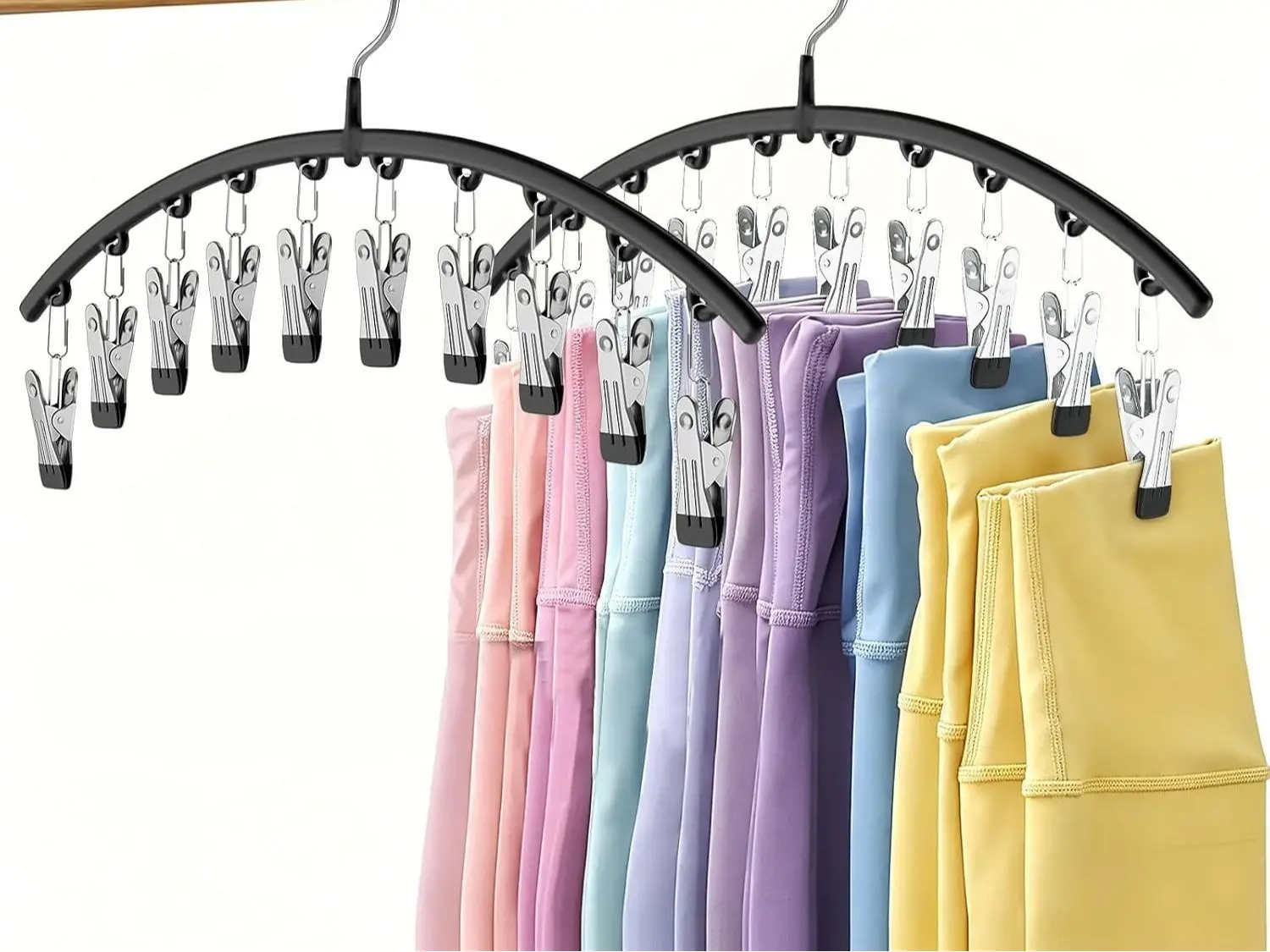 Curved Hanger Legging Organizer for Closet, Metal Yoga Pants Hangers 2 Pack w/10 Clips, Closet Organizer w/Rubber Coated Clips for Standard Leggings and Yoga Pants, Black"