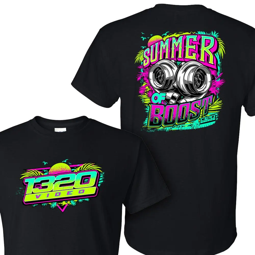 1320 Video Summer of Boost T-Shirt – Twin Turbocharger Neon Graphic, Sunset Palm Tree Design, Perfect Gift for Car Enthusiasts, Men's Cotton Tee