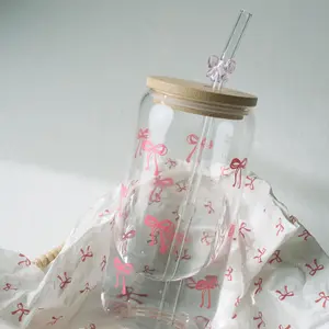 Coquette Aesthetic Glass Cups with Lids and Straws Pink Bow Iced Coffee Cup Decor Cute Tumbler Smoothie with Cleaning Brush Gift Box for Girls Women Friends 16 oz Aesthetic Iced Coffee Cup Stylish Star Design Preppy Cup with Brush