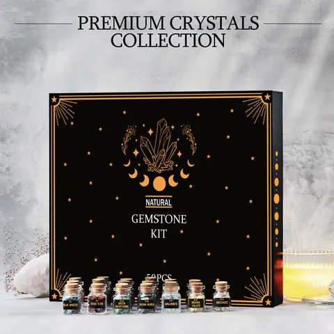 50 Unique Pyrite Stone Crystal Glass Bottles Set - Decorative Festive Home Decor Gift Kit, Witchcraft Spells Supplies, Stars-Themed Christmas Vibe Item