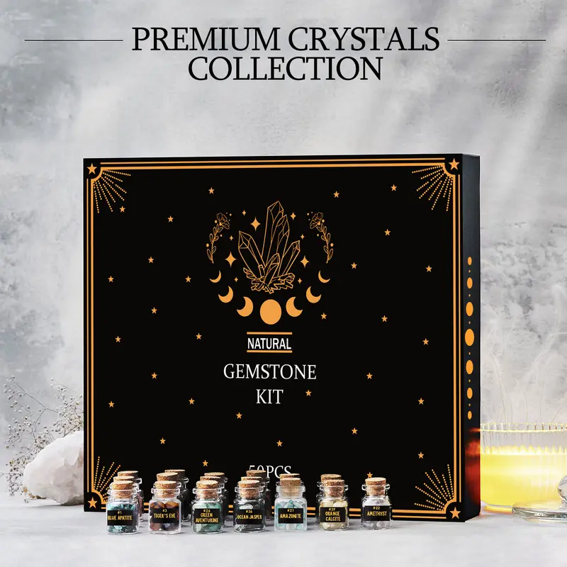 50 Unique Pyrite Stone Crystal Glass Bottles Set - Decorative Festive Home Decor Gift Kit, Witchcraft Spells Supplies, Stars-Themed Christmas Vibe Item
