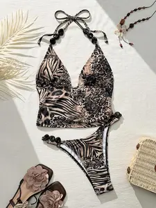 Bonvoyette Women's 2-Piece Shapewave-D Swimwear Set, Leopard & Zebra Print Contrast Molding Camisole Spaghetti Strap Bikini Top with Adjustable Straps & Beaded Accent, High Slit Bodycon Cut High Stretch Polyester Blend Beach Wear for Holidays, 2 Piece Set