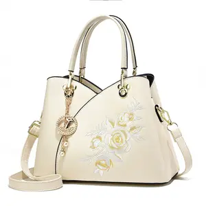Women's Fashion Embroidered Floral Leather Crossbody Bag Spacious Beige Handbag with Gold Hardware Accessories