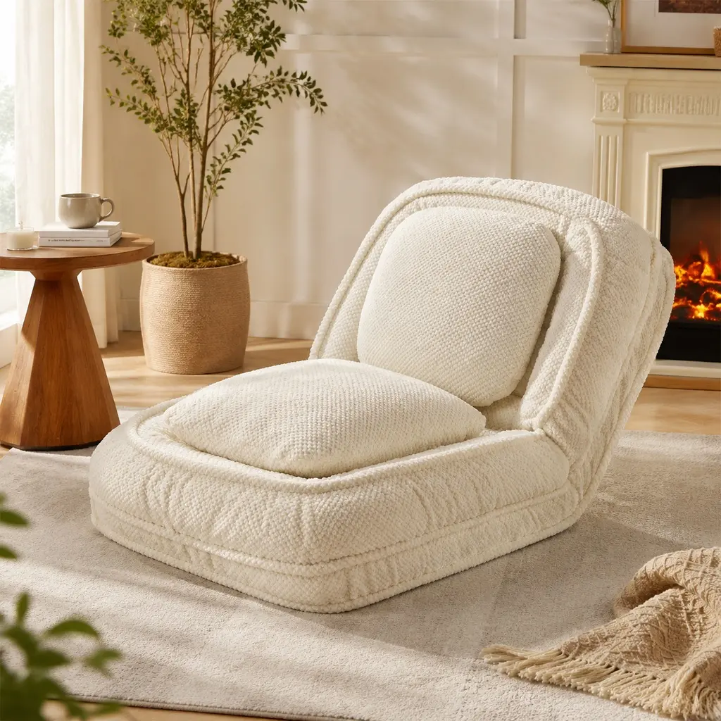 Multi-Position Adjustable Floor Sofa Couch with Metal Frame, 5 Reclining Angles, Foldable Lazy Sofa Bed for Living Room Bedroom, Space-Saving Design, White Polyester, 69.3x34.7x33.1 Inches, White Color Options, Polyester Material