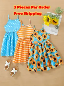 Girls' 3-Pack Sleeveless Summer Dresses, Polka Dot, Striped Print, Floral Print (Sunflower) Patterns, Comfortable Flared A-Line Fit, Ideal for 4-7 Year Olds, Perfect for Play & Outdoor Fun, Striped Print Dress, Floral Print Dress