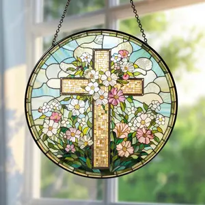 Christian Cross Wildflower Stained Glass Suncatcher Floral Religious Window Hanging Custom Cross Ornament Faith Gift for Her Mother Day Spirit Era Art
