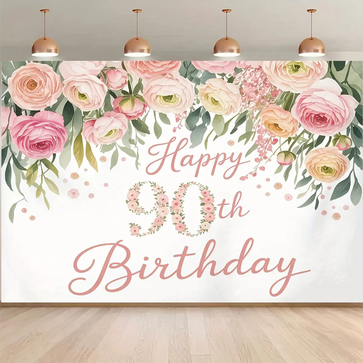 Soft 90th Birthday Glam Floral Backdrop Banner - Pink Roses, Greenery Design, 2D Flat White Flower Ornaments, Durable High-Quality Textile, Photo Booth Party Photography Background Decoration