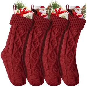4 Pack Personalized Christmas Stockings 18 Inches Large Size Cable Knitted Stocking Gifts & Decorations for Family Holiday Xmas Party, Burgundy，on fireplace mantel, stairs, Christmas tree, windows
