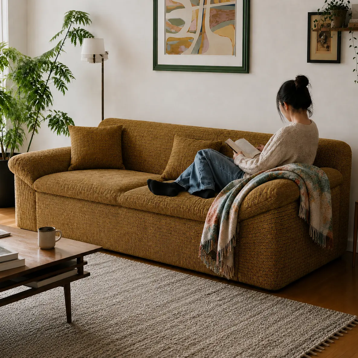 71" Camel Chenille 3-Seat Cloud Boneless Loveseat Couch - Fixed Arms, Double Cushions, Memory Foam, Compressed Sofa in a Box, Pre-Assembled for Living Room