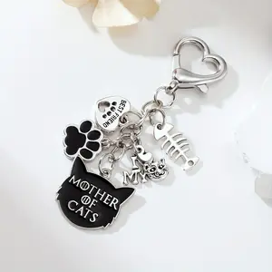 Halloween-Themed Mother of Cats Keychain, Keychain Accessory, Alloy Material, Fishbones, Devil Cat & Paw Prints, Lobster Clasp for Bags & Cars, Ideal Gift for Cat Lovers, Cat Accessories, Bag Charm, Playful Charm