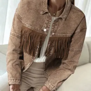 Brown Rhinestone Fringed Cowgirl Denim Jacket