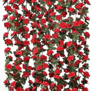 2 Pack Artificial Red Rose Flower Vines, Fake Rose Flowers Vines Outdoor Hanging Decor, Wedding Arch Bedroom Wall Decoration, Artificial Plants
