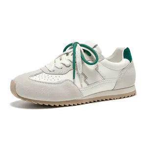 Thick-soled Women's Shoes Vintage Color-blocking Sports Casual Sneakers All Seasons Green and White Design with Green Laces