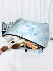 1pc, Large Capacity Starfish and Seashell Dreamscape Pattern Cosmetic Bag, Corduroy Makeup Organizer and Toiletry Pouch, Great for Home Storage and Travel Organization
