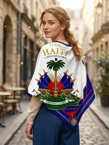 Scarf Shawl Wrap with Haiti Coat of Arms, Palm Tree, Cannon, Flags, Golden Chain Border & L'UNION FAIT LA FORCE Motif - Statement Piece for Outfit Styling or Wall Decor